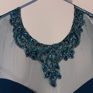 Teal Formal Dress with sheer sleeves and upper back.  Mother of the Bride